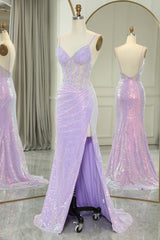 Sparkly Lilac Spaghetti Straps Mermaid Long Backless Corset Prom Dress With Split outfit, Prom Dresses Champagne