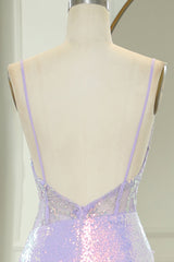 Glitter Light Purple Mermaid Backless Long Corset Corset Prom Dress With Slit Gowns, Long Dress Outfit