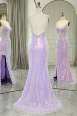 Sparkly Lilac Spaghetti Straps Mermaid Long Backless Corset Prom Dress With Split outfit, Prom Dress With Tulle
