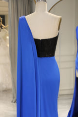 Royal Blue Mermaid One Shoulder Long Corset Prom Dress With Shawl And Slit outfits, Prom Dress With Long Sleeves