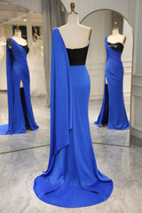 Royal Blue Mermaid One Shoulder Long Corset Prom Dress With Shawl And Slit outfits, Prom Dress Outfit