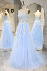 Sky Blue Spaghetti Straps Long Mermaid Corset Prom Dress With Appliques Gowns, Prom Dress Affordable