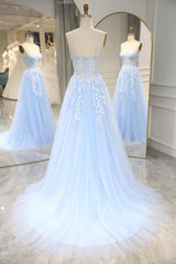 Sky Blue Spaghetti Straps Long Mermaid Corset Prom Dress With Appliques Gowns, Prom Dress Vintage