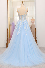 Sky Blue Spaghetti Straps Zipper Back A-Line Corset Prom Dress With Appliques Gowns, Prom Dress Near Me