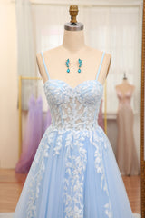 Sky Blue Spaghetti Straps Zipper Back A-Line Corset Prom Dress With Appliques Gowns, Prom Dress Boutiques Near Me