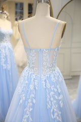 Sky Blue Spaghetti Straps Long Mermaid Corset Prom Dress With Appliques Gowns, Prom Dresses Prom Dress