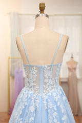 Sky Blue Spaghetti Straps Zipper Back A-Line Corset Prom Dress With Appliques Gowns, Prom Dress 2042
