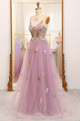 Mauve A Line Spaghetti Straps Tulle Long Corset Prom Dress With Embroidery Gowns, Homecoming Dresses Fashion Outfits