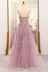 Mauve A Line Spaghetti Straps Tulle Long Corset Prom Dress With Embroidery Gowns, Homecoming Dress Shops