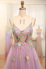 Mauve A Line Spaghetti Straps Tulle Long Corset Prom Dress With Embroidery Gowns, Homecoming Dresses Pretty