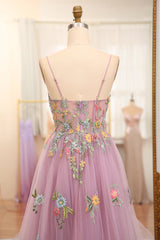 Mauve A Line Spaghetti Straps Tulle Long Corset Prom Dress With Embroidery Gowns, Homecoming Dress Pretty