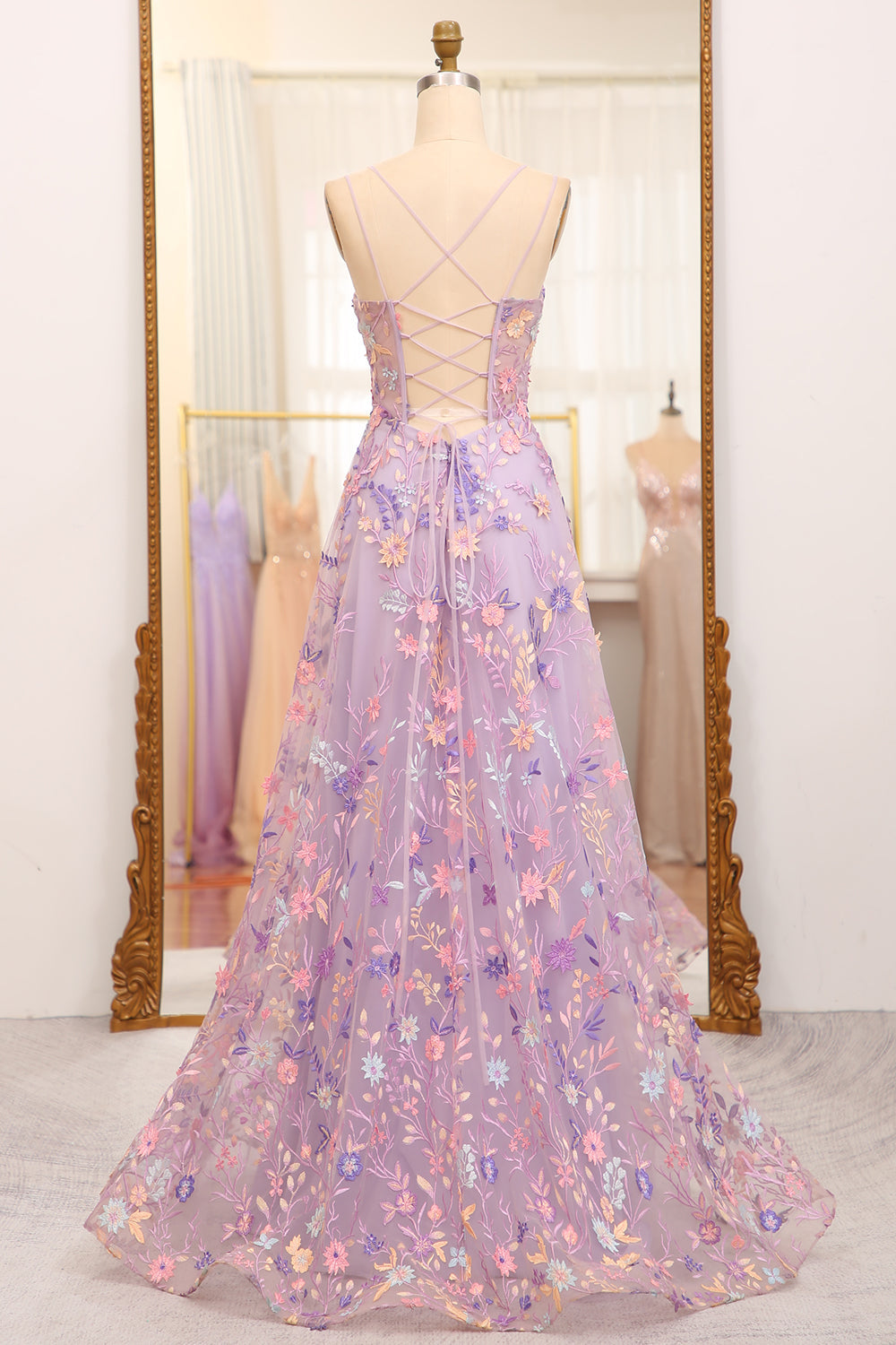 Mauve A-Line Tulle Lace Up Long Corset Prom Dress With Appliques And Split outfit, Homecoming Dress 2042