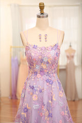 Mauve A-Line Tulle Lace Up Long Corset Prom Dress With Appliques And Split outfit, Homecoming Dresses Websites