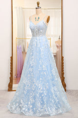 Sky Blue A-Line Spaghetti Straps Tulle Long Corset Prom Dress With Appliques Gowns, Prom Dresses Inspired
