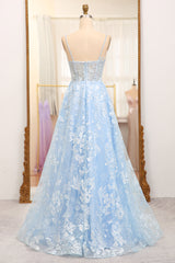Sky Blue A-Line Spaghetti Straps Tulle Long Corset Prom Dress With Appliques Gowns, Prom Dresses Inspiration