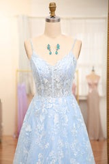 Sky Blue A-Line Spaghetti Straps Tulle Long Corset Prom Dress With Appliques Gowns, Prom Dress Inspirational