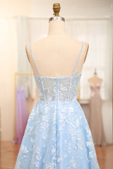 Sky Blue A-Line Spaghetti Straps Tulle Long Corset Prom Dress With Appliques Gowns, Prom Dresses Pink