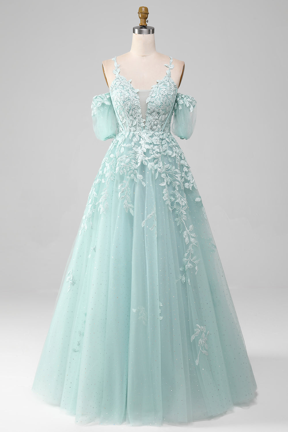 Mint A Line Tulle Off the Shoulder Lace Up Long Corset Prom Dress With Appliques Gowns, Homecoming Dress Shopping Near Me