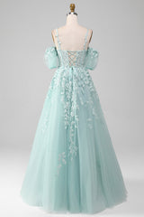 Mint A Line Tulle Off the Shoulder Lace Up Long Corset Prom Dress With Appliques Gowns, Homecoming Dress Shops Near Me