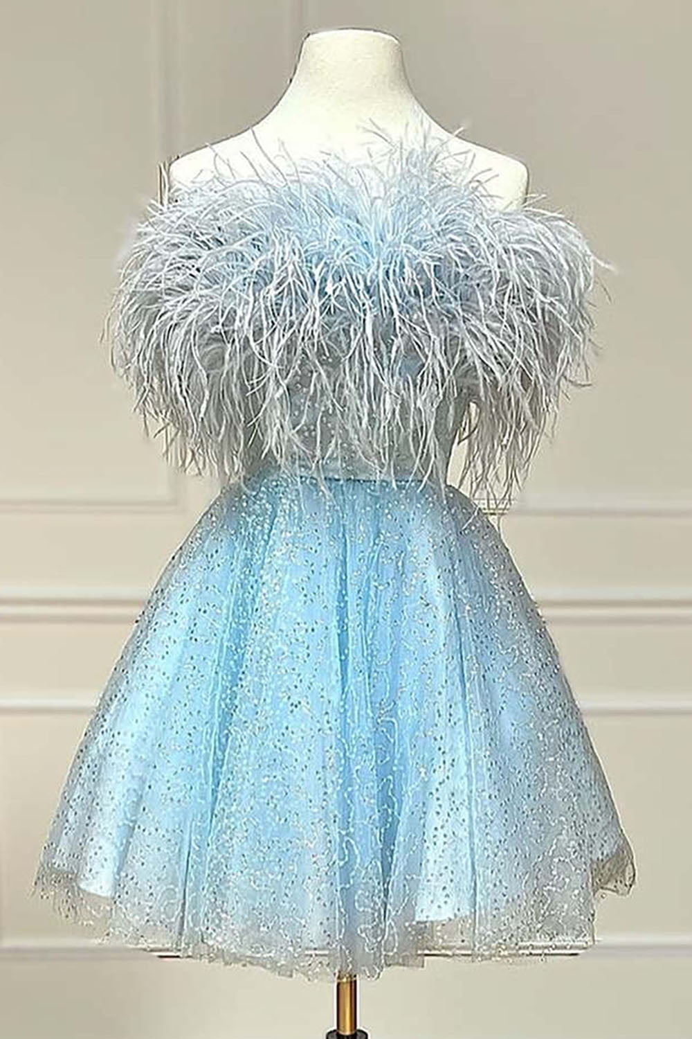 Light Blue A-Line Strapless Corset Homecoming Dress with Feathers outfit, Homecoming Dresses Blue