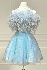 Light Blue A-Line Strapless Corset Homecoming Dress with Feathers outfit, Homecoming Dresses Blue