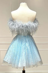 Light Blue A-Line Strapless Corset Homecoming Dress with Feathers outfit, Homecoming Dress 2045