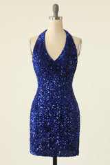 Royal Blue Sequined Halter Neck Cocktail Dress outfit, Homecoming Dress Styles