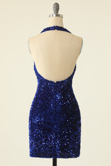Royal Blue Sequined Halter Neck Cocktail Dress outfit, Homecoming Dresses Freshman