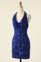 Royal Blue Sequined Halter Neck Cocktail Dress outfit, Homecoming Dresses Red