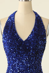 Royal Blue Sequined Halter Neck Cocktail Dress outfit, Homecoming Dress Classy
