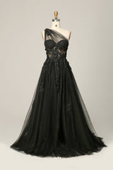 A Line One Shoulder Black Long Corset Prom Dress with Appliques Gowns, Bridesmaid Dresses
