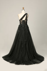 A Line One Shoulder Black Long Corset Prom Dress with Appliques Gowns, Bridesmaid Dresses Emerald Green