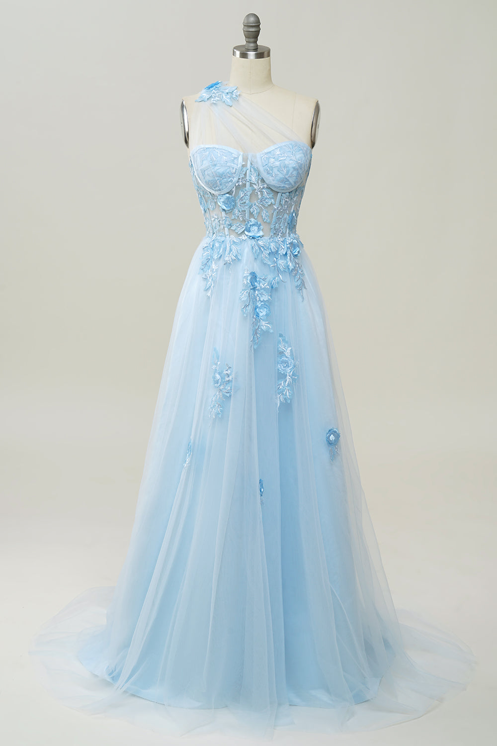 A Line One Shoulder Sky Blue Long Corset Prom Dress with Appliques Gowns, Bridesmaid Dress With Lace