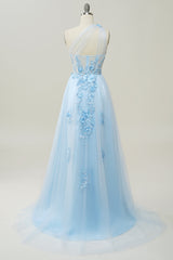 A Line One Shoulder Sky Blue Long Corset Prom Dress with Appliques Gowns, Bridesmaids Dresses With Lace