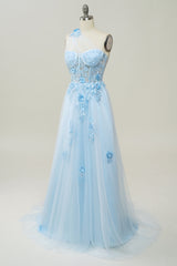 A Line One Shoulder Sky Blue Long Corset Prom Dress with Appliques Gowns, Bridesmaid Dresses Mismatched Summer