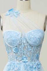 A Line One Shoulder Sky Blue Long Corset Prom Dress with Appliques Gowns, Bridesmaid Dresses With Lace