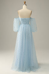Sky Blue Off The Shoulder Corset Prom Dress outfits, Silk Dress
