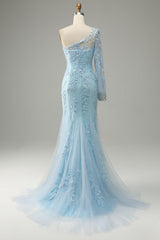 Sky Blue One Shoulder Mermaid Corset Prom Dress With Appliques Gowns, Bridesmaids Dresses Near Me