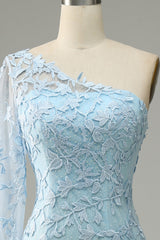 Sky Blue One Shoulder Mermaid Corset Prom Dress With Appliques Gowns, Bridesmaid Dress Colours