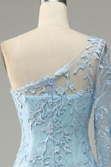 Sky Blue One Shoulder Mermaid Corset Prom Dress With Appliques Gowns, Bridesmaids Dresses Fall