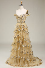 Sparkly Gold Off The Shoulder A-Line Corset Prom Dress with Sequin And Split outfit, Prom Dress With Shorts