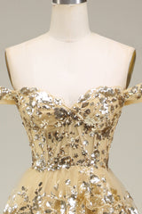 Sparkly Gold Off The Shoulder A-Line Corset Prom Dress with Sequin And Split outfit, Prom Dresses With Short