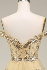 Sparkly Gold Off The Shoulder A-Line Corset Prom Dress with Sequin And Split outfit, Prom Dresses With Shorts