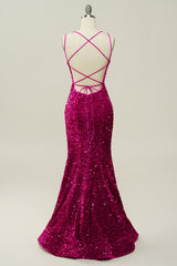 Hot Pink Sequin Spaghetti Straps Mermaid Corset Prom Dress with Lace-up Back Gowns, Bridesmaid Dress Blue