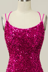 Hot Pink Sequin Spaghetti Straps Mermaid Corset Prom Dress with Lace-up Back Gowns, Bridesmaid Dresses Blues