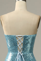 Sky Blue Sweetheart Sequined Mermaid Corset Prom Dress With Feathers outfit, Bridesmaid Dresses 2047