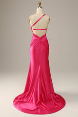 Fuchsia One Shoulder Mermaid Corset Prom Dress outfits, Bridesmaid Dresses Navy Blue