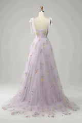 A-Line Tie Straps Zipper Back Long Corset Prom Dress With Embroidery Gowns, Formal Dress Outfits