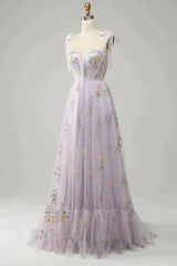 A-Line Tie Straps Zipper Back Long Corset Prom Dress With Embroidery Gowns, Formal Dresses Lace