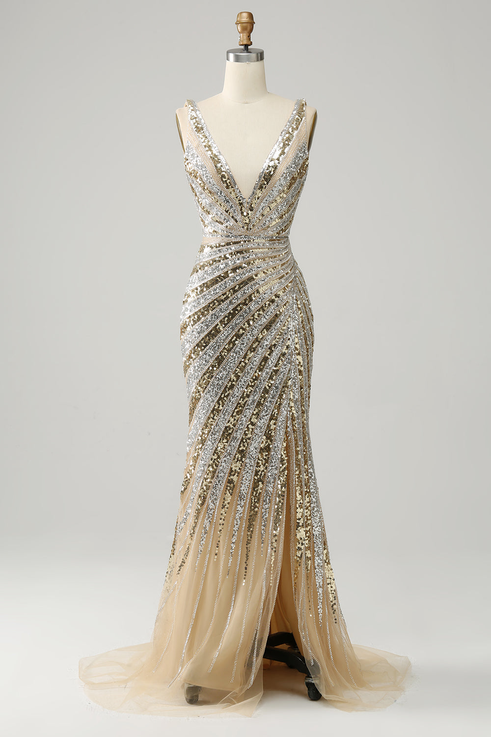 Mermaid Deep V Neck Golden Long Corset Prom Dress with Silt Gowns, Gold Dress